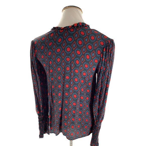 Zara Womens Multicolor Geometric Ruffle V Neck Balloon Sleeve Blouse Top Small - Picture 3 of 7